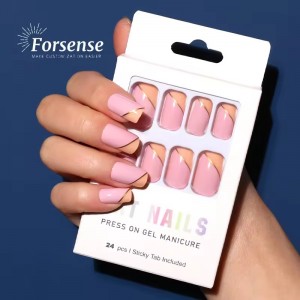 Baby Pink Artificial French Tip Press on Nails Geometric Fake Nails Medium Length Full Cover Square Acrylic False Nails Ladies