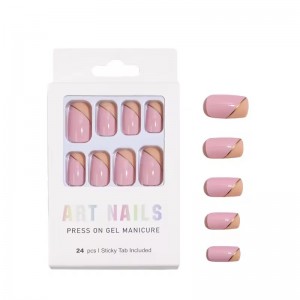 Baby Pink Artificial French Tip Press on Nails Geometric Fake Nails Medium Length Full Cover Square Acrylic False Nails Ladies