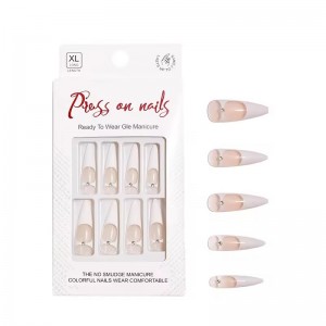 Almond Shape White French Tip Press on Nail With Charm Extra Long Lasting Recycled Plastic Natural Nude Finger Fake Nail Press on Nails