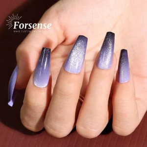 Trending Glitter Purple Magnetic Cat Eye Press on Nails Wholesale Full Cover Medium Size Coffin Nail Tips Corta Fake Nails Women