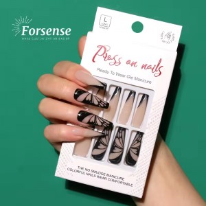 Manufacturer Custom Design Black French Tip Nail Natural Butterfly Press on Nails Wholesale Long Coffin Shape Fake Nail Stick on