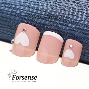 Whole Sale Vendor Short Stick on Nails Tips French Nude Square Fake Nails with Hearts Natural Press on False Nails with Jewelry
