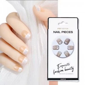 Custom Natural Nude Acrylic Short Press on Nails with Glue French Tip Nail Designs with Glitter Square False Fake Nails Glue on