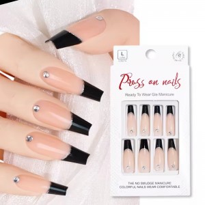 Best Quality Artificial Long Coffin Designed Black French Tip Press on Nail with Diamond Premium Wear Fake Nails Wholesale Price