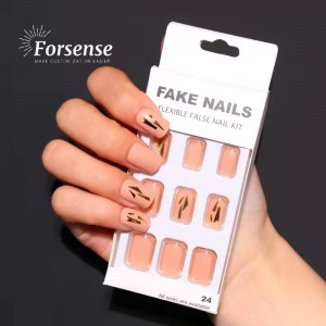 24Pcs Gold Foil Press on Nails Self Adhesive Reusable Short Squoval Stickon Fake Nails Nude Ladies Artificial Nails Manufacturer