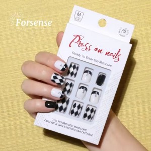 Black And White French Tip Press on Nails Short Square Fake Nails with Design for Small Hand Rhinestone 2024 Nails Wear Art 3D