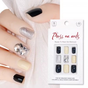 Black Square Silver Glitter Press on Nails with Gems Crystal 3D Diamond Nail Art Handmade Rhinestone Fake Nails