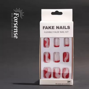 Wholesale Instagram Red Swirl Press on Nail Custom Design Short Square False Ladies Nail Artifical Realistic Fake Nail for Women