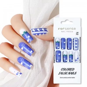 24pcs hand painted christmas press on nails handmade long square wearing false nail new collection acrylic blue fake nail custom