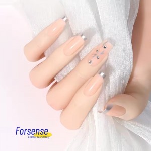3D Rhinestone Silver French Tip Nails Nude Color Full Cover Fake Nails Long Square Press on Nails Natural False Fingernail