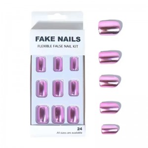 Custom 24Pcs Short Square Metallic Glossy Press on Nails Chrome Pink Fake Nail Mirror False Nails Press-on Artificial Fingernail