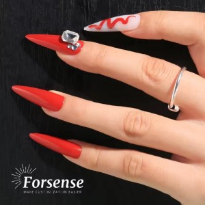 Wholesale Red Lujo Bling Rhinestone Press on Nails with Gems Handmade 3D Fake Nail Tips Extra Long Almond Stiletto False Nails