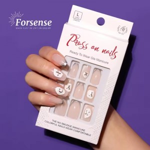 Fancy Short Ballerina Press on Acrylic Nails French Tip Alphabet Letters Fake Nails with Words Premium Natural Nude False Nails