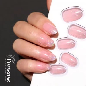 Wholesale Price Medium Length Press on Nails Pink Glitter False Nail Oval Round Shape Reusable Fake Nails with Glue High Quality