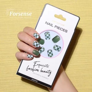 Custom Designer Famous Brands Luxury Press on Nails Short Square Checkered Fake Nail Wholesale Green Acrylic False Nail Reusable