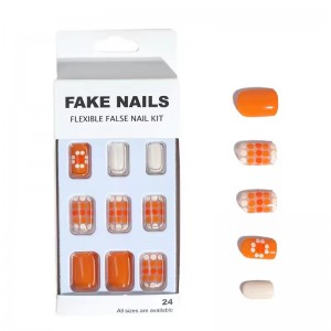 Wholesale Customized Press on Nails Pre Hand Painted Inspired Designer Short Square Yellow Fake Nails Orange False Nail in Bulk