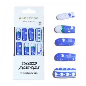 24pcs hand painted christmas press on nails handmade long square wearing false nail new collection acrylic blue fake nail custom