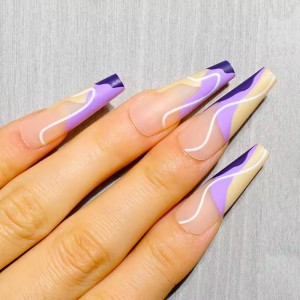 Wholesale Extra Long Acrylic Coffin Shaped Nail Tips Full Cover Press on Nails Matte Swirl Purple Holiday Fake Nails Avec Design