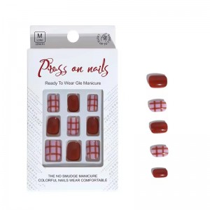 Wholesale Fall Winter Plaid Acrylic Press on Nails Short Square False Nails with Glue High Quality Women Fake Nails with Design