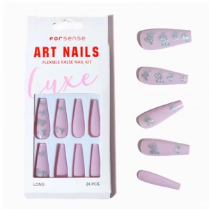 OEM handmade glitter pink press on nails butterfly long foffin fake nails acrylic false nails manufacturer artificial fingernail