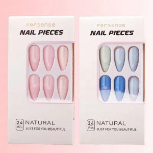 oem salon quality solid color blue almond press on nails with glue fake nails private labeling stick on false nails wholesale
