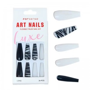 Custom Designer Acrylic Press on Nails Whole Sale Long Coffin Nail Tip with Design Black White Fake Nails Press on Faux-ongles