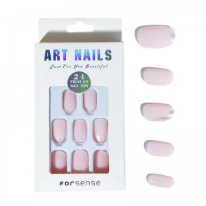 private label glitter short round french tip acrylic press on nails with glue custom logo oval shape fake nails wholesale price