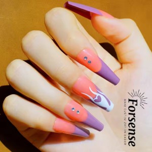 Fancy Flame Press on Nails with Sticky Tab Thick Acrylic Full Cover Long Coffin Nail Tips Easy to Remove Fake Nails with Design