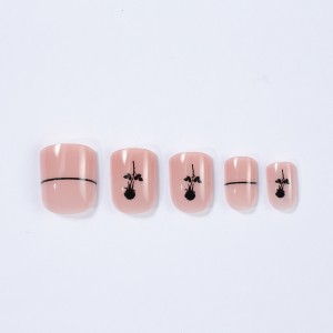 Nude Pink False Nails with Line Designs Full Cover Stick on Nails