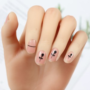 Nude Pink False Nails with Line Designs Full Cover Stick on Nails