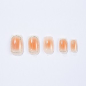 Medium Orange Fake Nails with Glitter and Stripes Designs Glossy Glue on Nails Full Cover