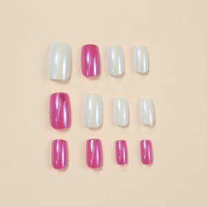 Summer Press on Nails Short Fake Nails with Solid Pink White Designs Reusable Stick on Nails