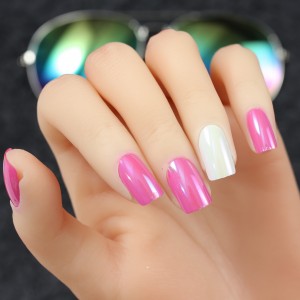 Summer Press on Nails Short Fake Nails with Solid Pink White Designs Reusable Stick on Nails