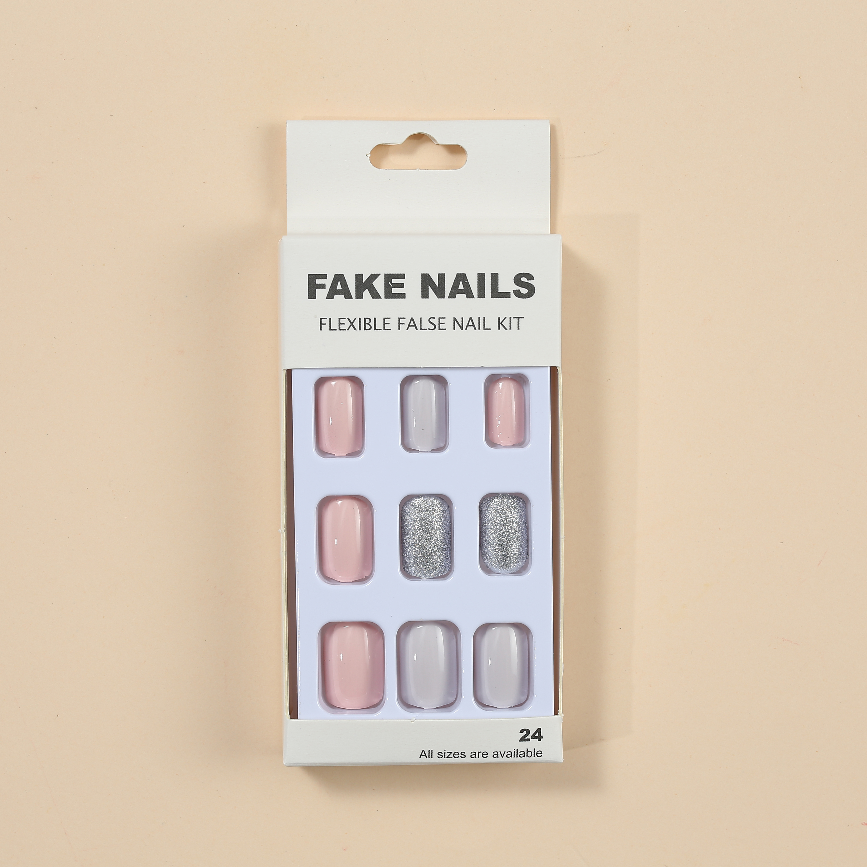 Short Fake Nails Solid Color Glossy Pink Short False Nails Silver Gray 24pcs Featured Image