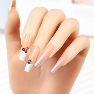 French Long Fake Nails With Cherry Pattern