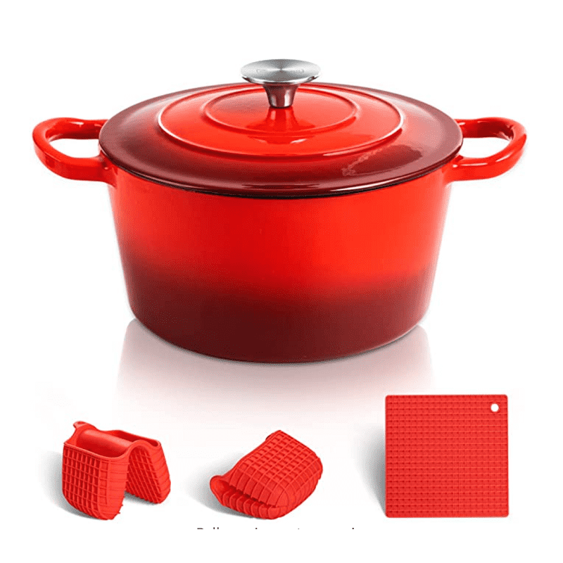 5 Quart Dutch Oven Pot With Lid, Cast Iron Dutch Oven, Enameled Dutch Oven With Silicone Handles & Mat, Dutch Oven 5 Qt Red Featured Image