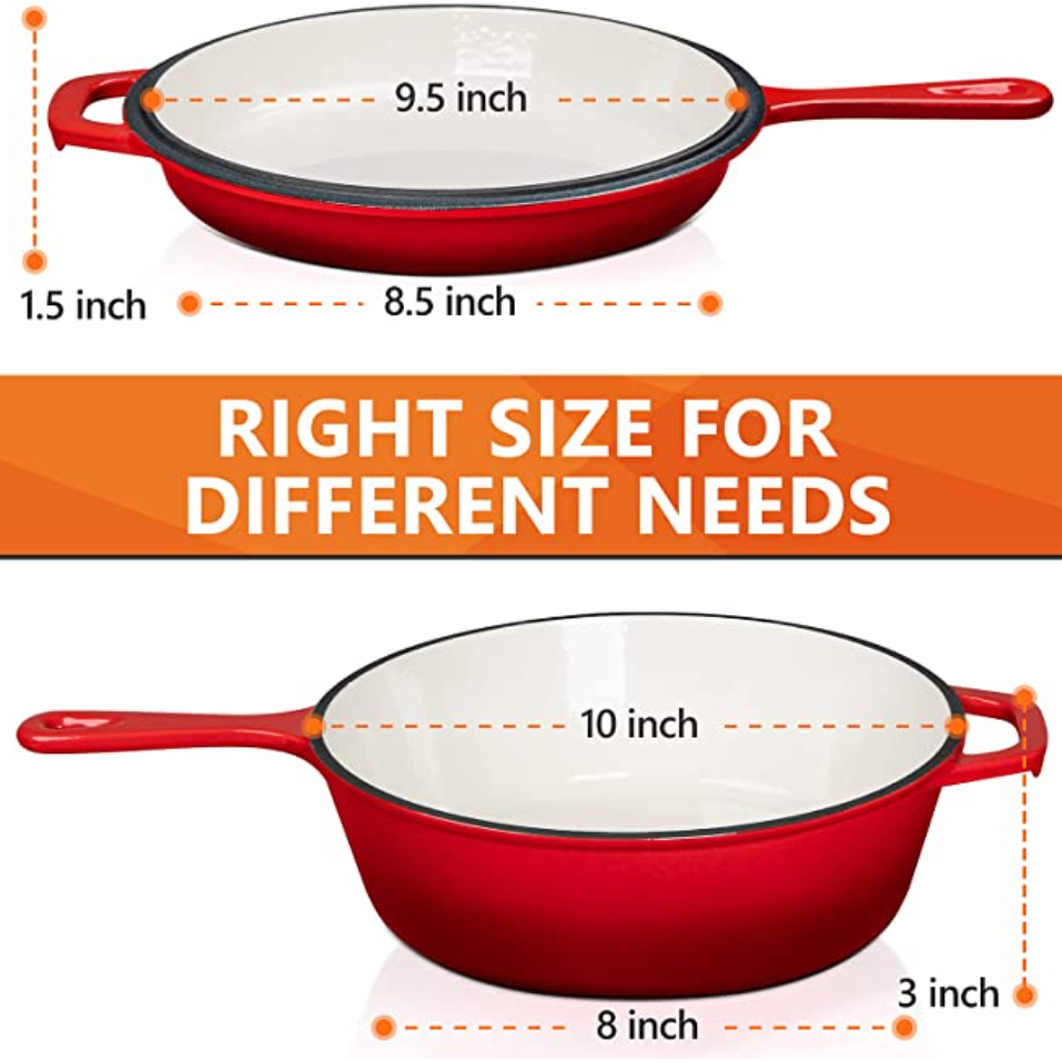 Cast Iron Skillets with Lid, Enameled Cast Iron Dutch Oven 3 Quart & Cast Iron Skillet 9.5 Inch, Deep Cast Iron Skillets with Lid, Enameled Cast Iron Skillet with Silicone Holders, Rack