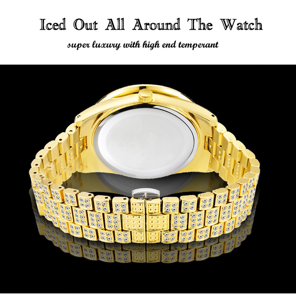 FOXI Top Brand Luxury High Quality stainless steel Quartz Watch18k Gold Arabic Number Watch Men Luxury Diamond Iced Out Watches