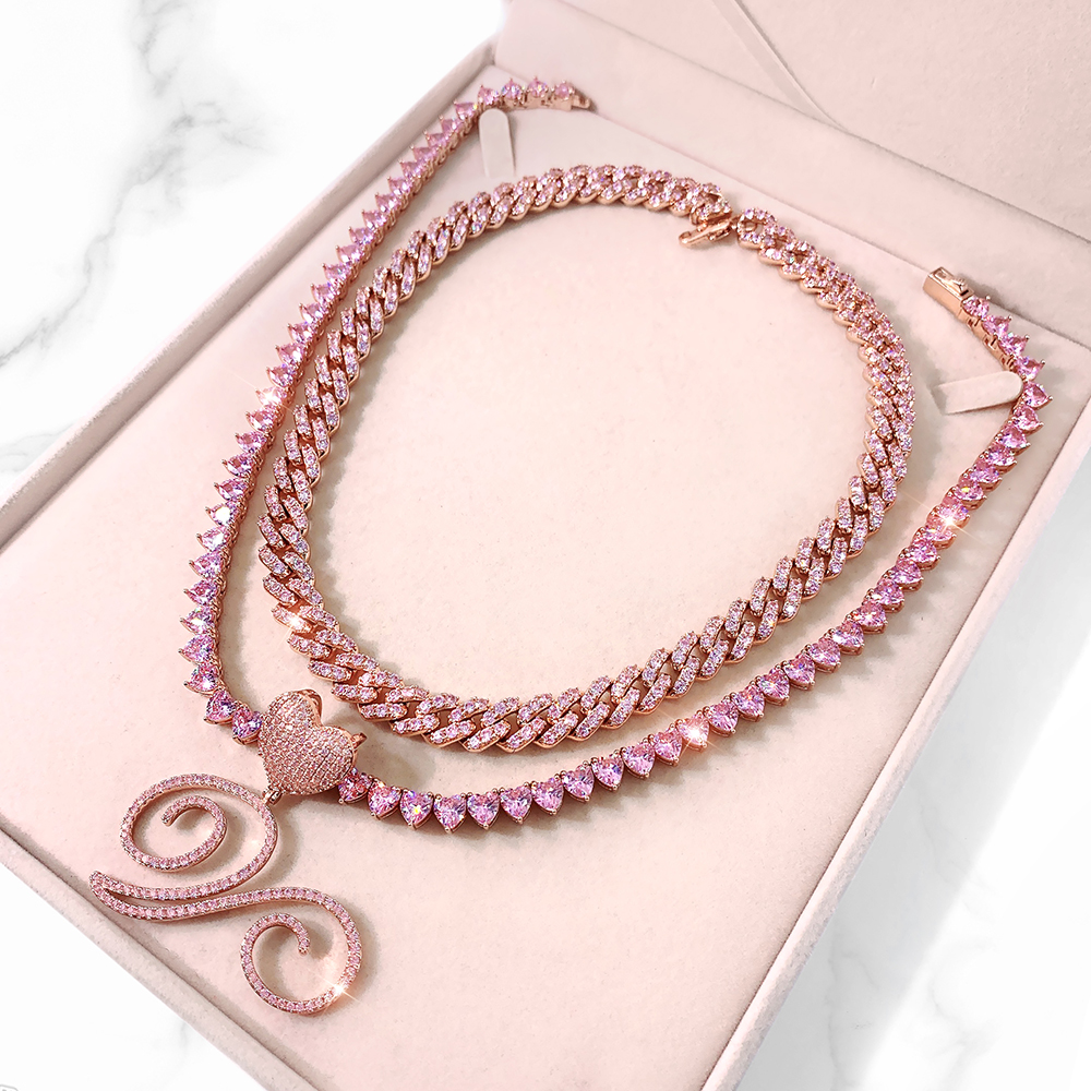 Wholesale Price China Zirconia Pendant - Hot sale Luxury women iced out jewelry diamond cuban link chain rose gold cursive heart initial tennis chain necklace – Foxi