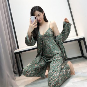 2021 leopard print pajamas women’s three-piece home ice silk suit
