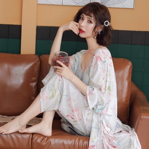 Youhottest 3 Piece Female Silk Cotton Pajamas Set Print Long Sleeve Soft Women Sleepwear