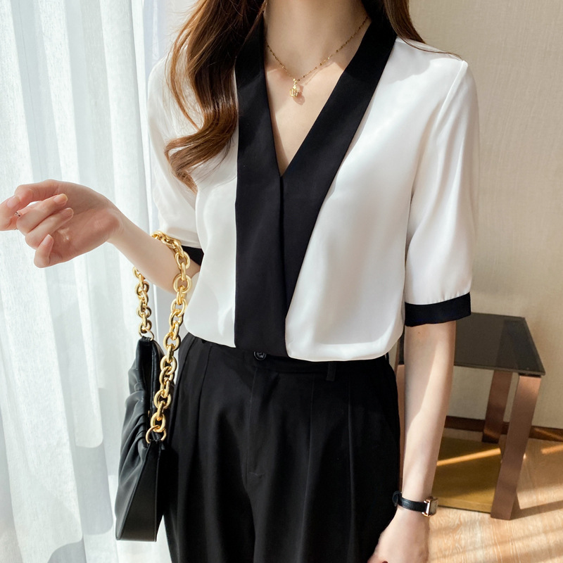 Summer Women V-collar Design shirt short-sleeve design niche black white temperament OL professional chiffon chic female top Featured Image