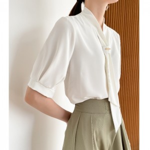Women white Blouse with necktie French vintage satin short sleeve shirt Chiffon Top high quality woman Shirt new Design