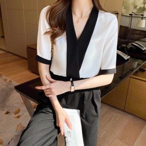 Summer Women V-collar Design shirt short-sleeve design niche black white temperament OL professional chiffon chic female top