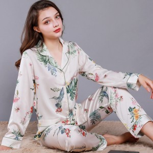 Pajamas summer feminine luxury printed cardigan long-sleeved silk