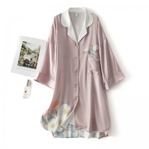 New silk pajamas women’s simple ice silk long shirt skirt printed thin home service