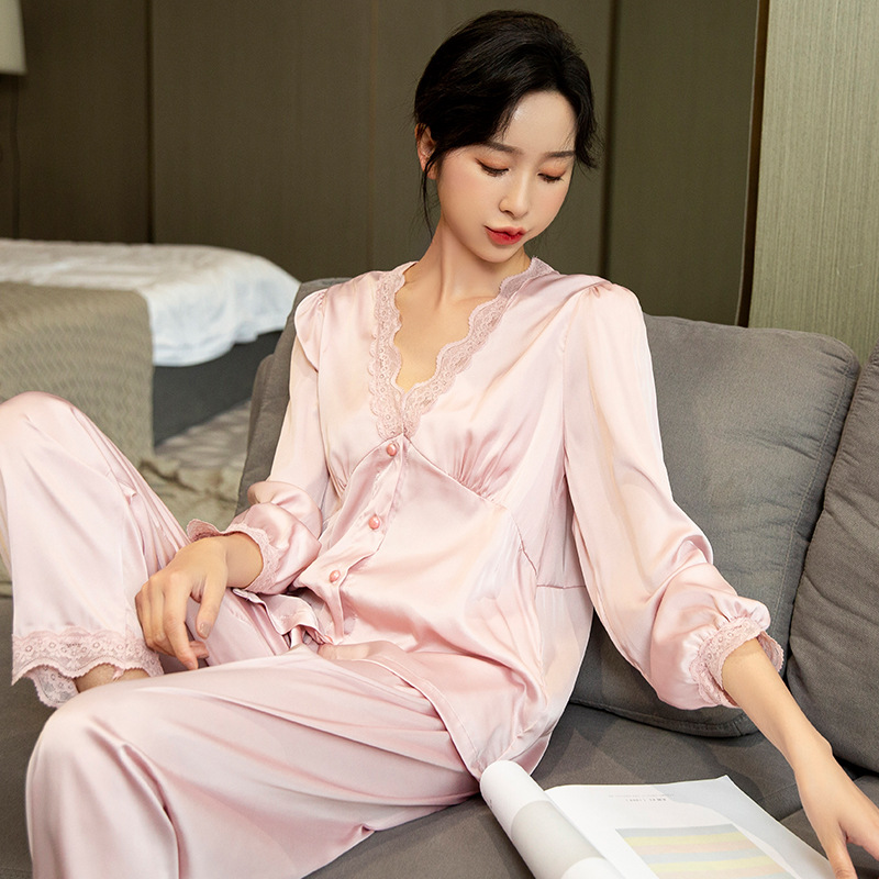 Pajamas women ice silk home service long-sleeved trousers temperament bubble sleeve two-piece suit