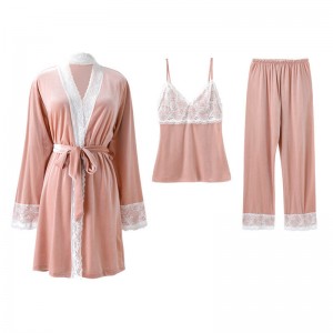 Youhottest Ladies Velvet Pajamas Autumn Winter Women 3 Pieces Sleepwear Sets Lace Pajama Set