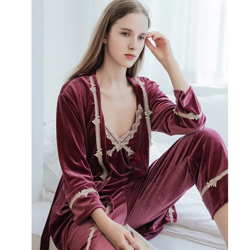 Youhottest Ladies Velvet Pajamas Autumn Winter Women 4 Pieces Sleepwear Sets Lace Pajama Set Featured Image