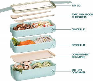 Stackable 3-In-1 Compartment Wheat Straw Bento Lunch Box